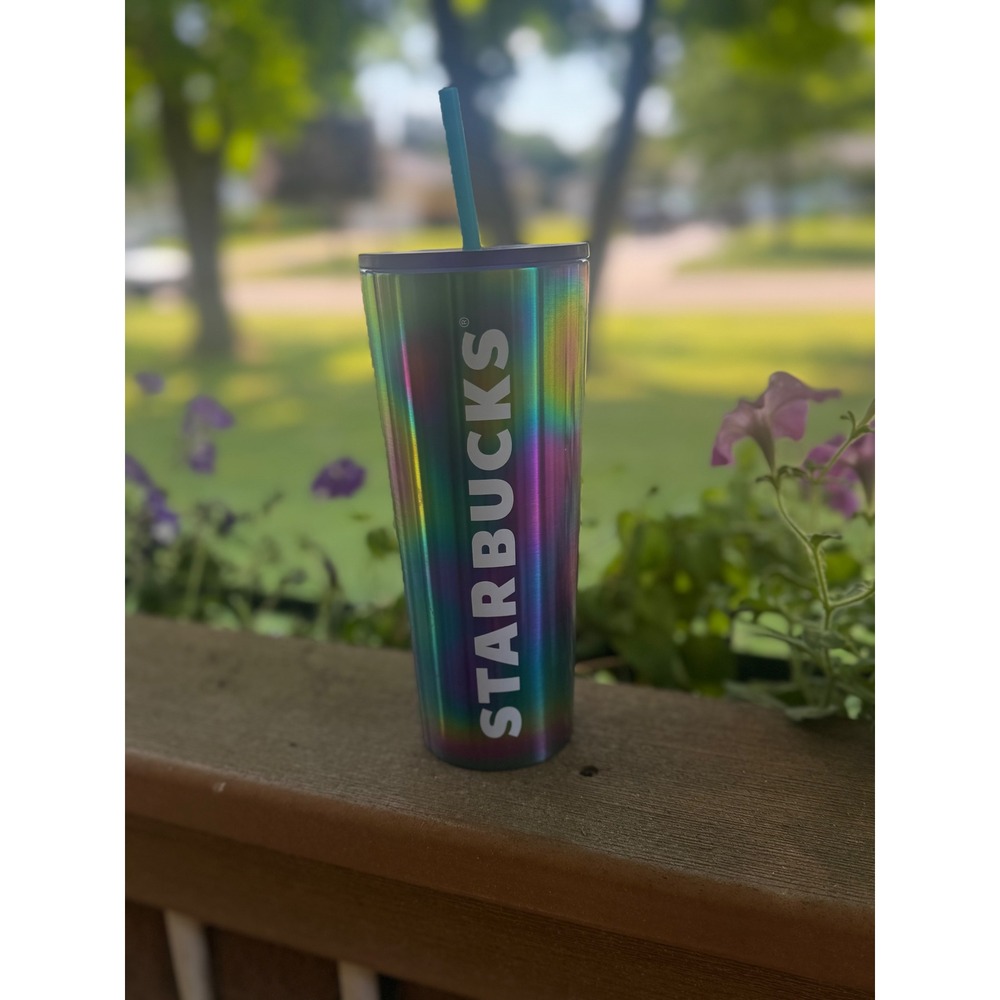 Starbucks Iridescent Tumbler with Straw Cold Cup Rainbow 24 oz